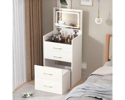 Sweiko Kaptafel - Met kruk - LED-spiegel - Glazen tafelblad - 3 lades - Wit