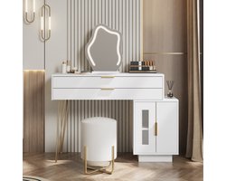 Sweiko Kaptafel met LED-verlichte spiegel, witte kaptafelset met uitschuifbaar design, moderne kaptafel voor de slaapkamer - Afmetingen:B100/H78/D40 cm (zonder kruk)