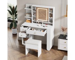 Sweiko Kaptafel - met Spiegel + kruk - LED-verlichting - Verstelbare helderheid - 3 laden - 100 x 40 x 138 cm - Wit