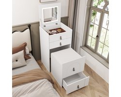 Sweiko Kaptafel set met 3 laden, spiegel, LED verlichting en opbergbankje, kan gebruikt worden als nachtkastje, wit
