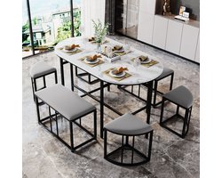 Sweiko Keuken eettafel set (met eettafel, 4 kleine krukken en 2 grote krukken), Stalen frame. Modern Wit en Zwart. 140x70x76cm, kan 120 kg laden