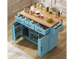 Sweiko Keukeneiland - Eettafel - Serveerwagen - Dressoir - Opvouwbaar tafelblad - 3 lades - Blauw + Natuurlijke