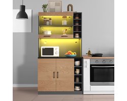 Sweiko Keukenkasten, buffet met LED-verlichting en snoergaten, grote ruimte voor magnetron, in hoogte verstelbare zijplanken, bruin + grijs