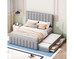 Sweiko Kinderbed, 140 x 200 cm Kussen bed met Uitschuifbaar bed en lades, Huidvriendelijk linnen interieur, tweepersoonsbed, wieg, jeugdbed, Grijs (Zonder matras)