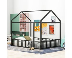 Sweiko Kinderbed 140 X 200cm, metalen bed met spijlen, Tweepersoons, huisstijl, zwart