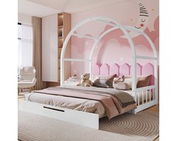 Sweiko Kinderbed - 140x100 cm & 140x200 cm - Uitschuifbaar - Tweepersoonsbed - Fluweel - Grenen constructie - Wit + Roze