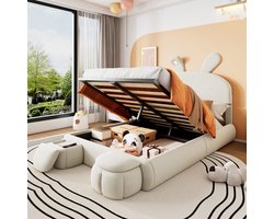 Sweiko Kinderbed - 140x200 cm - Hydraulisch bed - Konijnenoren met lampjes - Twee opbergbanken - Velvet - Beige