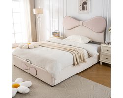 Sweiko Kinderbed - 140x200 cm - Hydraulische opbergruimte - Verstelbaar hoofdeinde - Strik - Metalen frame - Fluweel - Beige + Roze