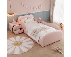 Sweiko Kinderbed - 90 x 200 cm - Beer hoofdbord - Inclusief nachtkastjes - Gestoffeerde randen - Kunstleer - Roze