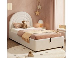 Sweiko Kinderbed - 90 x 200 cm - Hydraulisch bed - Opbergruimte - Bouclé-stof - Beige