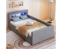 Sweiko Kinderbed - 90 x 200 cm - LED-verlichting - USB-oplaadpoort - Opbergruimte - Velvet - Grijs