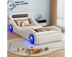 Sweiko Kinderbed - 90x200 cm - Autovorm - LED-verlichting - Opbergruimte - PU-materiaal - Zonder matras - Wit