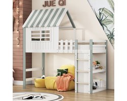 Sweiko Kinderbed 90x200 cm hoog en laag Bed voor jongens en meisjes Home bed Dakvorm met veiligheidsladder met opbergvak Multifunctioneel bed Massief houten bed met lattenbod Groen