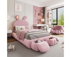 Sweiko Kinderbed - 90x200 cm - Met verstelbare lichtsterkte - Konijnenoren - 2 opbergbankjes - Lattenbodem - Fluweel - Roze