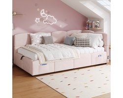 Sweiko Kinderbed - 90x200 cm - Opbergruimte - Slaapbank - USB-poort - Velvet - Roze