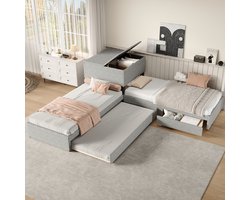 Sweiko Kinderbed - 90x200 cm*2 - Hoekbed - Met uitschuifbed + opbergkast + laden - Zonder matras - Linnen - Grijs