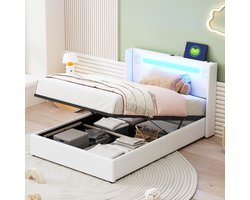 Sweiko Kinderbed 90x200cm Kussenbed, met LED Lichtband, Bluetooth Speler en USB opladen, PU lederen opbergbed, tweepersoonsbed, Flat noedles frame jeugdbed, Wit (Geen matras)