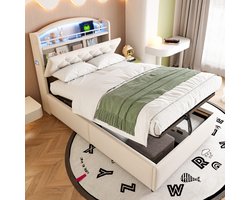 Sweiko Kinderbed - 90x200cm - Met opbergruimte - LED-verlichting + USB-oplaadpoort - Velvet - Beige