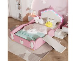 Sweiko Kinderbed Crown Cartoon bed met Veelkleurige Multi-mode LED strip, Gestoffeerd bed met kleine Glijbaan en trap, met Beschermende zachte randen, met houten latten, PU, Roze&Beige, 90x200cm