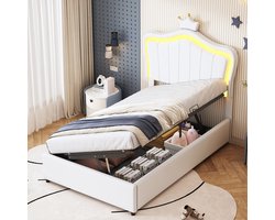 Sweiko Kinderbed, Gewatteerd bed 90x200 cm, met Kroontwerp, LED Verlichting, Hydraulisch opbergbed, in hoogte verstelbaar hoofdeinde, eenpersoonsbed met platte noedelsvoet, synthetisch leer, Wit (Geen matras)