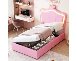 Sweiko Kinderbed, Gewatteerd bed 90x200 cm, met Kroontwerp, LED Verlichting, Hydraulisch opbergbed, in hoogte verstelbaar hoofdeinde, eenpersoonsbed met platte noedelsvoet, synthetisch leer, Roze (Geen matras)
