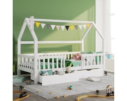 Sweiko Kinderbed Huisbed met schoorsteen Twee opberglades Robuuste lattenboden Pinenhout Huisbed voor Kids, 90 x 200 cm zonder matras, Wit