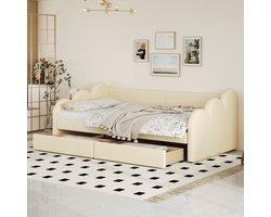 Sweiko Kinderbed, Kussensbed 90x200cm, Slaapbank, Multifunctioneel bed met Rugleuning en armleuningen, met 2-lades, kunstlederen stof, Beige (Geen matras)