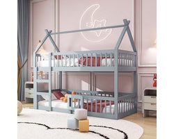 Sweiko Kinderbed Stapelbed 90*200cm, Kinderfamiliebed, Stapelbed met trap, Loft ontwerp, Massief houten Stapelbed, Grijs
