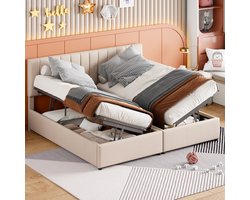 Sweiko Kinderbed,180x200cm Zacht Kussen bed, Hydraulisch Opbergbed, huidvriendelijk linnen loft bed, multifunctioneel tweepersoonsbed, Beige (zonder matras)