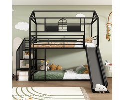 Sweiko Kinderbed,Ijzeren frame bed, Stapelbed, babywieg met dak en raam, Uitgerust met Glijbaan en Zijladder, Geschikt voor kinderen en tieners, uitgerust met zijladder, anti val apparaat, strijkijzer, Zwart, 90x200cm (Geen matras)