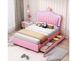 Sweiko Kinderbedje 90 x 200 cm, Roze Kroonmeisje eenpersoonsbedframe, Gemaakt van PU leer, met opberglades, LED verlichting, plat noedelrek en rugleuning