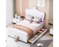Sweiko Kinderbedje 90 x 200 cm, Wit Kroonmeisje Eenpersoonsbedframe, gemaakt van PU leer, met opberglades, LED verlichting, Flat noedles frame en rugleuning