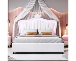 Sweiko Kinderbedje Kussenbed 140 x 200 cm, Hydraulisch Opbergbed, Wit kroonmeisje eenpersoonsbedframe, gemaakt van PU leer, met LED verlichting, Vlak noedelsframe en rugleuning