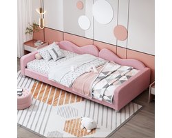 Sweiko Kinderbedkussen bed 90*200cm, Slaapbank frame Teddy doek multifunctionele rugleuning armleuning zacht bed, jeugdbed gastenbed Roze