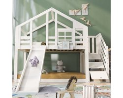 Sweiko Kinderstapelbed met Trapopbergruimte, Boomhut met lades en Valbeveiliging 90 x 200 cm, Kinderstapelbed met glijbaan, Wit (Geen matras)