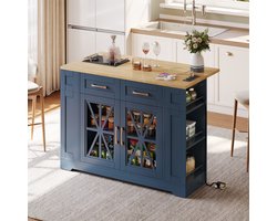 Sweiko Kookeiland - Dressoir - Houten eettafel - Verstelbare planken - USB-poort - Glazen deur - Met wielen - Blauw
