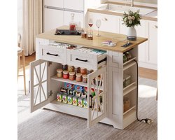 Sweiko Kookeiland - Dressoir - Houten eettafel - Verstelbare planken - USB-poort - Glazen deur - Met wielen - Wit