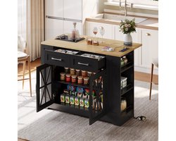 Sweiko Kookeiland - Dressoir - Houten eettafel - Verstelbare planken - USB-poort - Glazen deur - Met wielen - Zwart