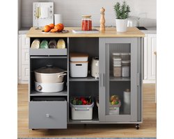 Sweiko Kookeiland trolley - Eiken afwerking - Wijnrek lade - Glazen schuifdeuren - Verstelbare planken - Grijs