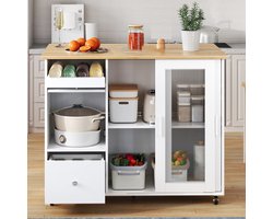 Sweiko Kookeiland trolley - Eiken afwerking - Wijnrek lade - Glazen schuifdeuren - Verstelbare planken - Wit