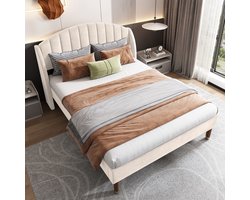 Sweiko Kussenbed 140*190cm, met platte noedelsbasis en hoofdbord, jeugdbed, eenpersoonsbed, lattensteun, gemakkelijk te monteren, fluweel, beige