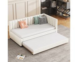 Sweiko Kussenbed 90*200cm, Uitschuifbare slaapbank, Platte noedelsframe multifunctioneel bed, jeugdbed, kinderbed gastenbed, fluwelen stof Beige