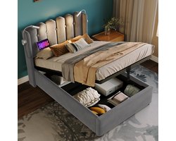 Sweiko Kussenbed, eenpersoonsbed, 90x200cm, met oplaadfunctie, leeslamphoofdbord, opbergruimte bedplaats, fluwelen jeugdbed, met platte noedelsgrille, grijs (geen matras)