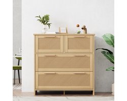 Sweiko Ladekast - 4 rotan lades - Massief houten handgrepen - Halmeubel - 80 x 38 x 80 cm - Natuurlijke