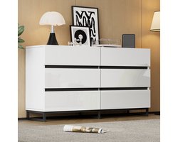 Sweiko Ladekast - 6 lades - Hoogglans - 3 metalen poten - Dressoir - Wit + Zwart