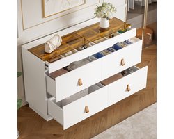 Sweiko Ladekast - Bijzettafel - 6 lades - Bruin glazen blad - Kantelbeveiliging - 120 x 40 x 78 cm - Wit