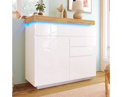 Sweiko Ladekast - Hoogglans dressoir - 2 deuren, 3 laden - LED verlichting - 115 x 110 x 39 cm - Wit