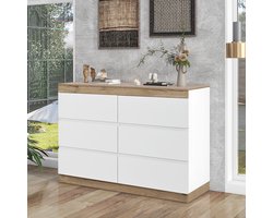 Sweiko Ladekast met 6-laden, kluisje, Functie van opslag, voor Slaapkamer en woonkamer, E1 Spaanplaat, Wit en eiken