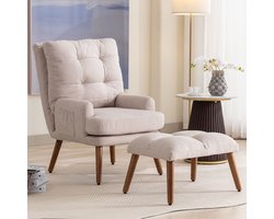 Sweiko Ligstoel, Fauteuil, Fauteuil met Voetenbank, Verstelbare Rugleuning, Kantelbaar, Stoel met zijzakken, opbergruimte, Beige