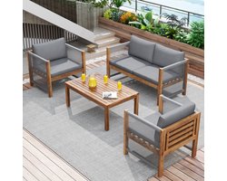 Sweiko Lounge set, tuinmeubelset, met comfortabele kussens, meubelsuite, terrasmeubilair, dubbele bank, 2 fauteuils en tafels, outdoor bank, Arabische gom, Grijs